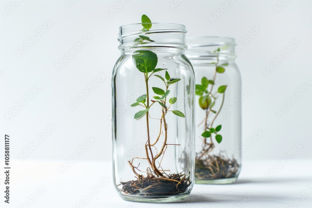 Couple of transparent glass jars filled with various plants and greenery Couple of transparent glass jars filled with various plants and greenery