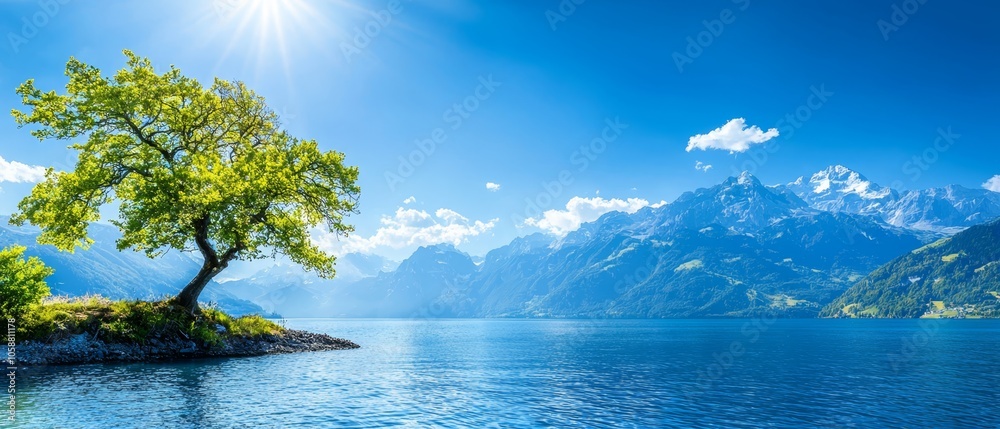 A solitary tree on an islet amidst a vast expanse of water, flanked by mountains in the backdrop A solitary tree on an islet amidst a vast expanse of water, flanked by mountains in the backdrop