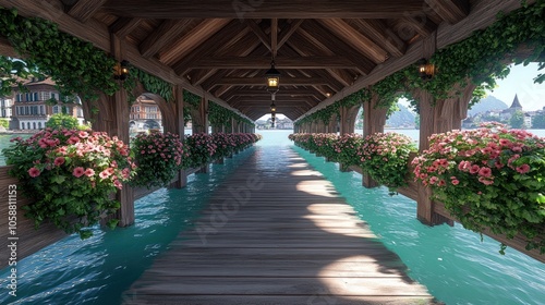 A wooden walkway lined with flowers leads to a picturesque lake and town.