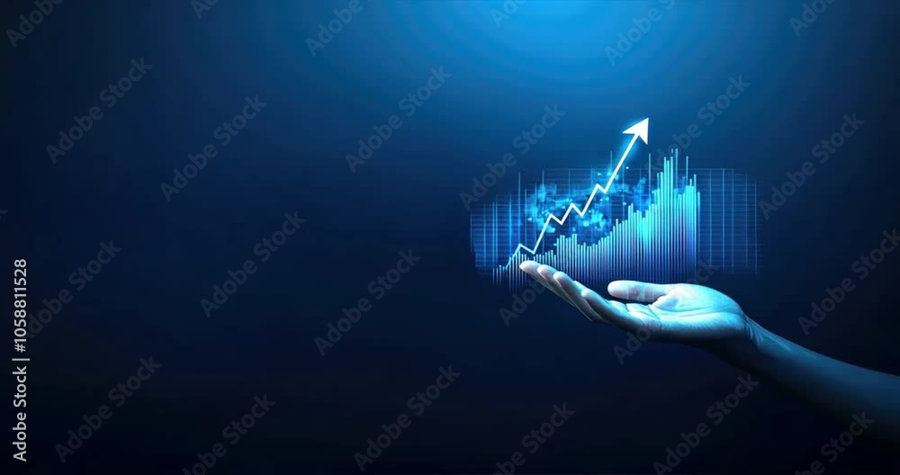 Hand holds rising arrow on a graph with a growing chart on blue background, representing algorithmic trading, business growth, financial improvement