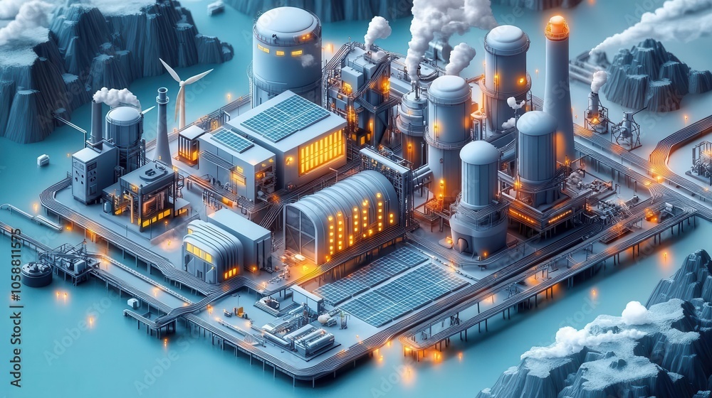 isometric illustration of a hydrogen energy plant surrounded by wind turbines and solar panels, symbolizing the harmony of renewable energy sources in an eco-friendly landscape