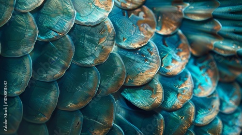 A macro shot showcasing the intricate pattern and vibrant hues of blue iridescent fish scales, reflecting light in a stunning, almost metallic manner.