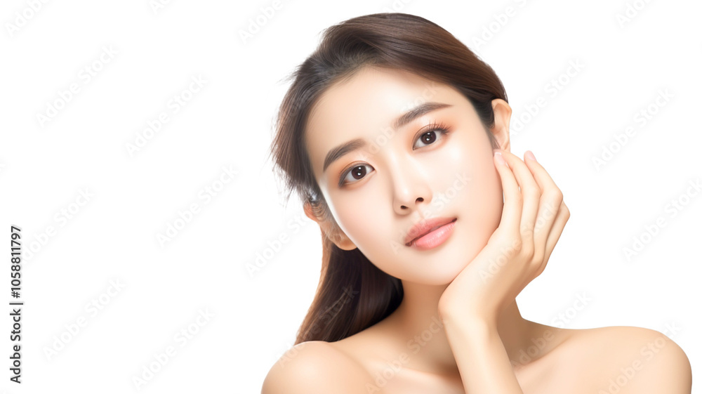 Young Asian beauty woman touching her face, perfect clean skin on transparent background.
Young Asian beauty woman touching her face, perfect clean skin on transparent background.
