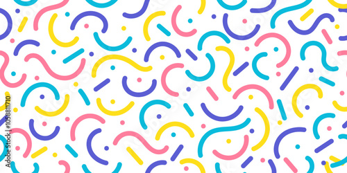 abstract trendy seamless pattern colorful geometric line doodle shape on white background.cute playful line scribble for event kids