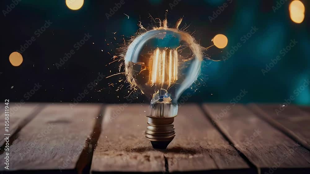 A glowing light bulb with sparks on a wooden table.