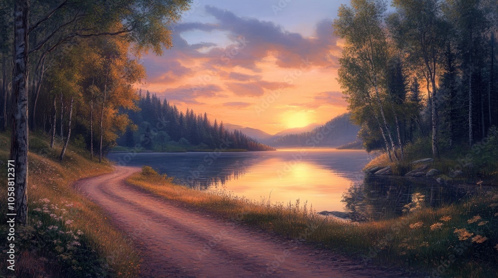 Obraz premium A tranquil lake illuminates at sunrise, bordered by a dirt road and trees that enhance the serene landscape. The dirt road invites exploration, creating a peaceful scene.