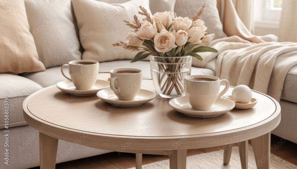 Three coffee cups on a wooden table with floral arrangement and cozy living room background Three coffee cups on a wooden table with floral arrangement and cozy living room background