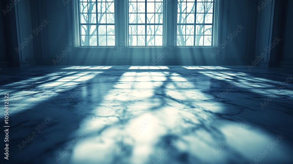 Light Shining Through Windows on Floor Minimalist White Background with Space for Text Light Shining Through Windows on Floor Minimalist White Background with Space for Text