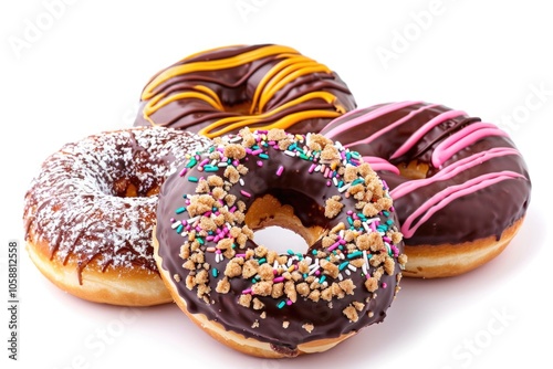 A plate of three donuts covered in chocolate frosting and decorated with colorful sprinkles photo