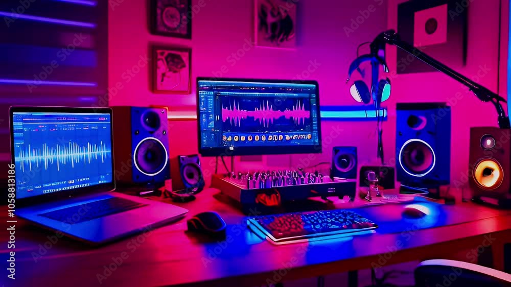 A modern home office setup with a computer, laptop, and headphones under pink and blue neon lights. A modern home office setup with a computer, laptop, and headphones under pink and blue neon lights.