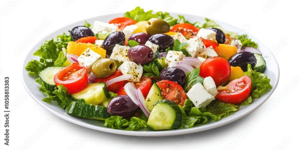 A Greek salad featuring olives, fresh vegetables, and creamy feta cheese is set against a clean white background, highlighting its vibrant colors and ingredients. A Greek salad featuring olives, fresh vegetables, and creamy feta cheese is set against a clean white background, highlighting its vibrant colors and ingredients.