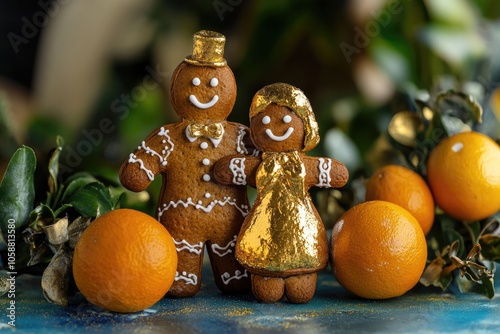 A pair of gingerbread men sit alongside oranges, a sweet and tangy combination photo