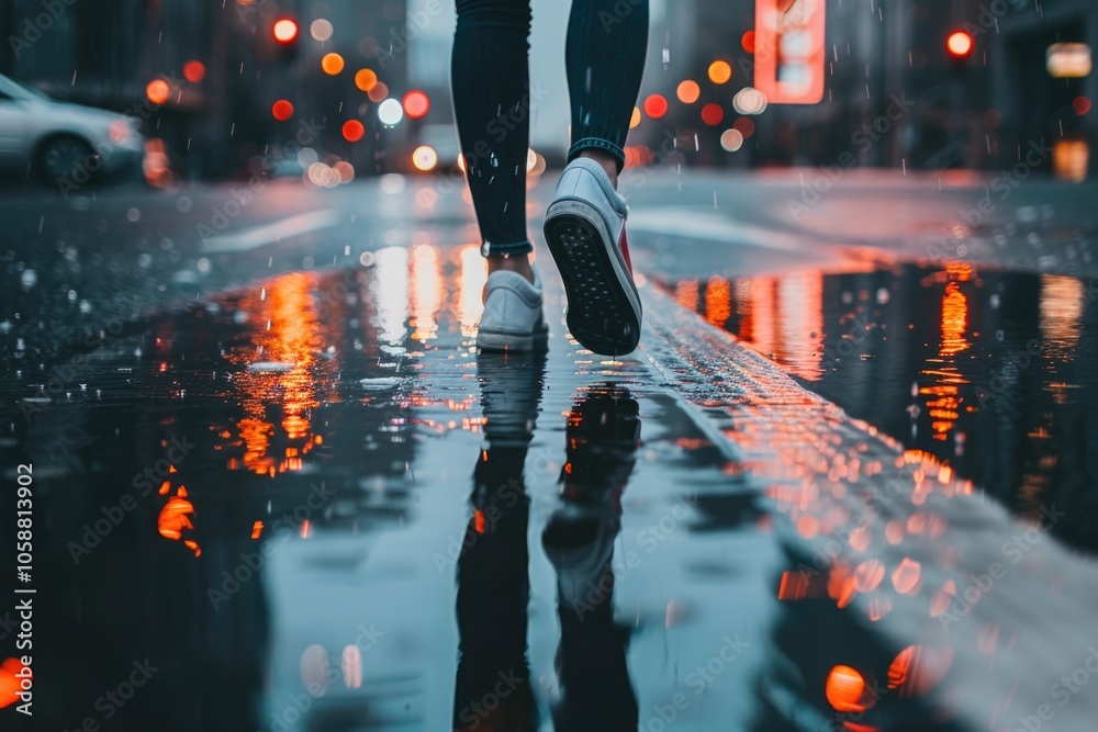 Fototapeta premium A person walking on a wet sidewalk during rainy weather