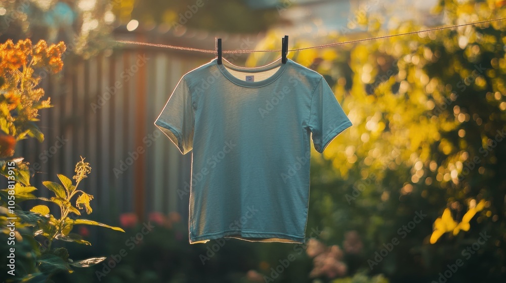 A low-angle view of a T-shirt hanging on a clothesline, blowing slightly in the wind. The background is a blurred garden setting.