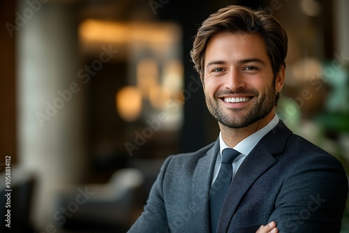 Smiling Businessman in Suit with Arms Crossed Portrait