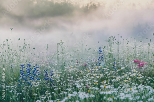 Morning fog blankets a field of wildflowers in springlight photo