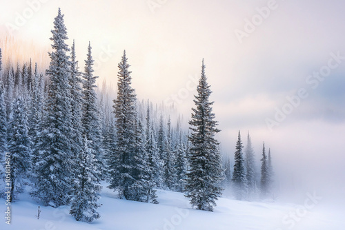 Snow-covered pine trees in a foggy winter landscape