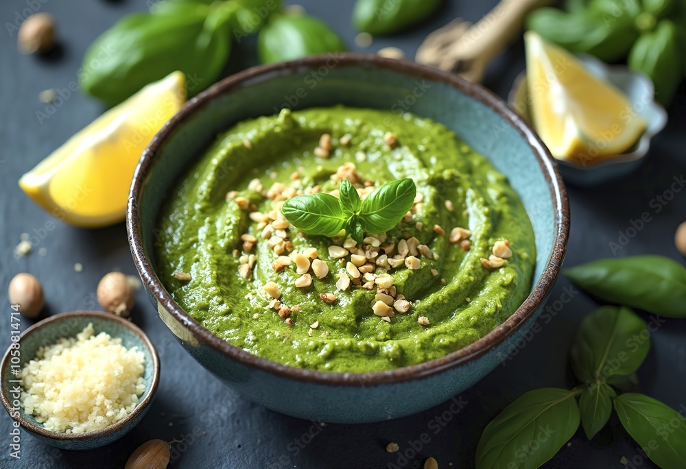 A bowl of fresh green pesto sauce made with basil, pine nuts, garlic, olive oil, and parmesan cheese A bowl of fresh green pesto sauce made with basil, pine nuts, garlic, olive oil, and parmesan cheese