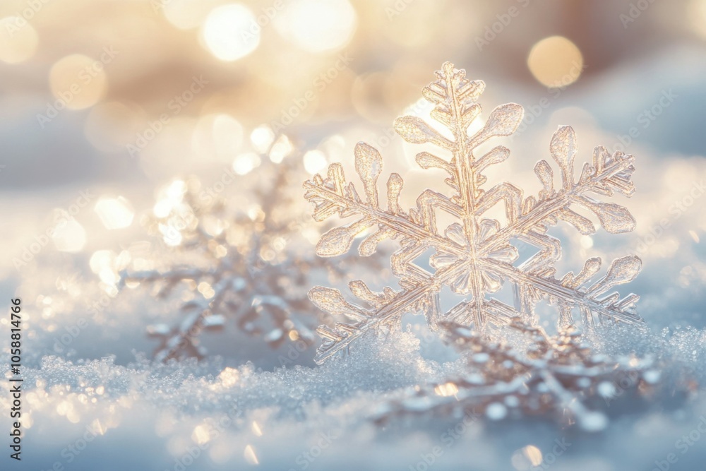 Glossy white snowflakes on a winter background, displaying intricate patterns and a sparkling effect under the soft glow of daylight Glossy white snowflakes on a winter background, displaying intricate patterns and a sparkling effect under the soft glow of daylight