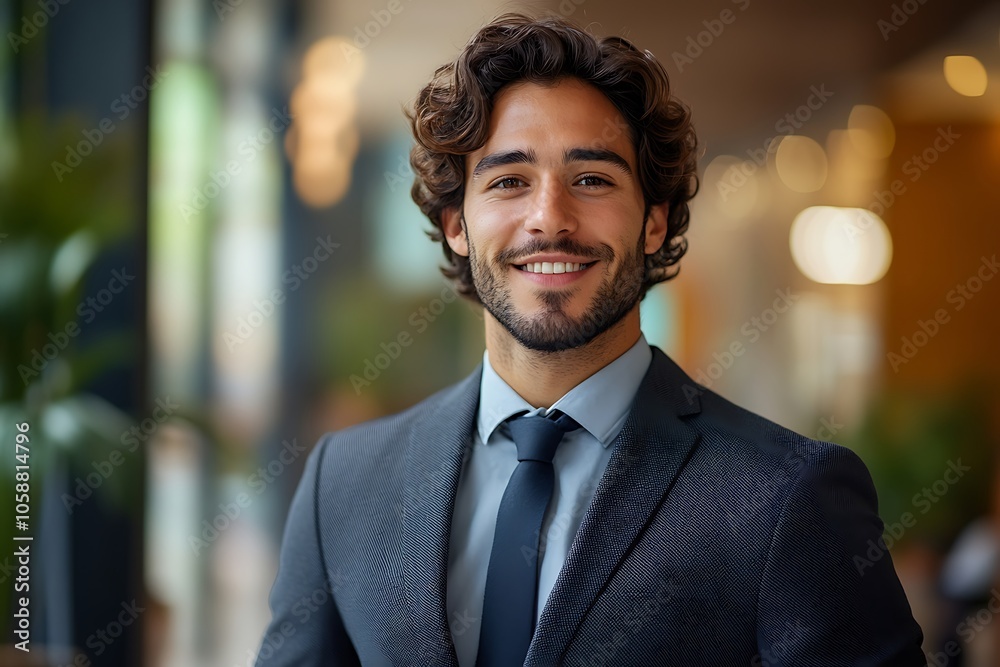 Smiling Businessman in Suit with Blurred Office Background. Smiling Businessman in Suit with Blurred Office Background.