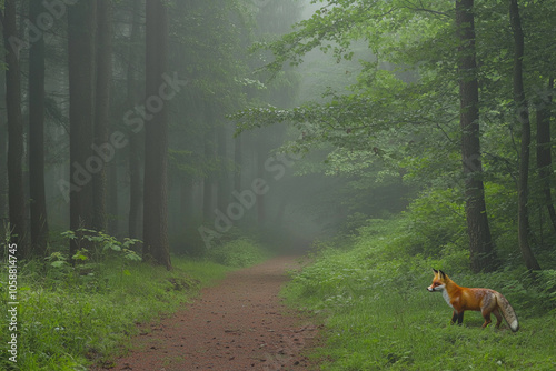 Fox walking along a misty forest path in the morning