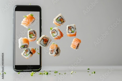 Phone from which sushi rolls fly out. Concept of online food ordering, food delivery