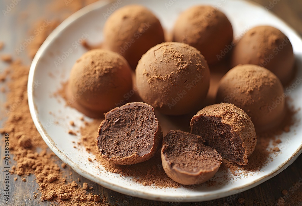 A plate of homemade chocolate truffles dusted with cocoa powder, some whole and some cut in half, on a wooden surface A plate of homemade chocolate truffles dusted with cocoa powder, some whole and some cut in half, on a wooden surface