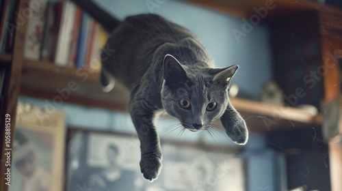 Leaping through the air, a gray cat in a cozy room full of books displays agility and playfulness, highlighting the joy of movement and curiosity. photo