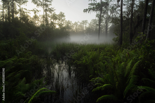 Early morning mist over lush green wetlands in a forest