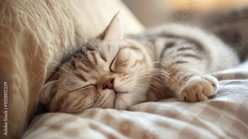 A peacefully sleeping striped cat resting on a soft pillow, portraying tranquility and comfort with its eyes closed, in an inviting and warm environment.