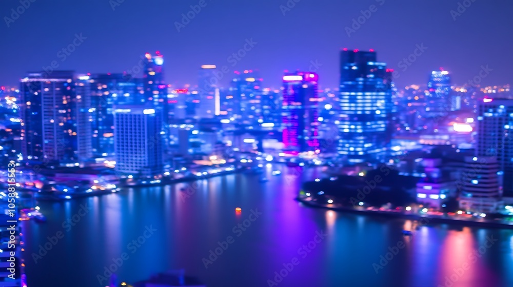 Fototapeta premium Night cityscape with river Soft Pastel Background for Graphic Design Templates