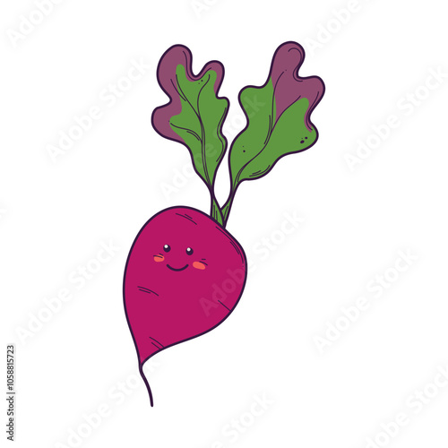Vector hand drawn cute smiling beet with top on white background