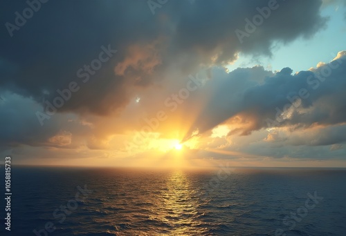 Dramatic cloudy sky with sunbeams breaking through the clouds at sunset