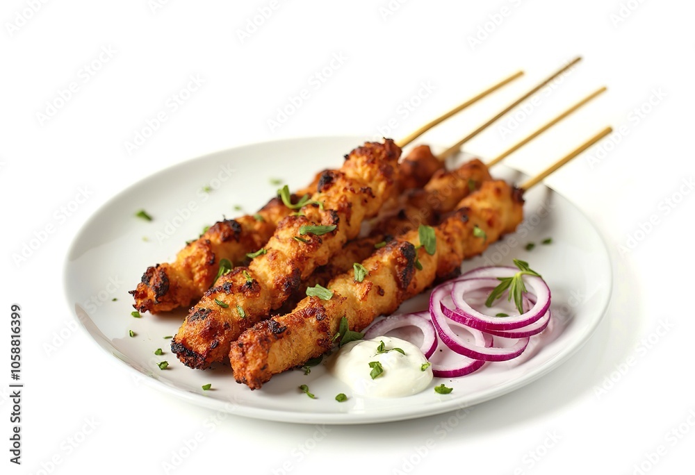 Served fried Kebabs on the plate above white background Served fried Kebabs on the plate above white background
