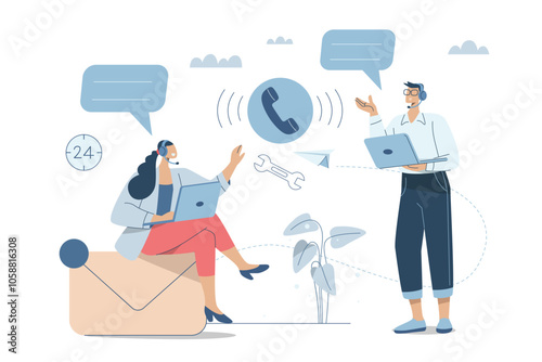 Call center operator. Technical support or customer service, Hotline, 24 hours service, Male and female staffs provide online customer consultation or suggestions. Vector design illustration.