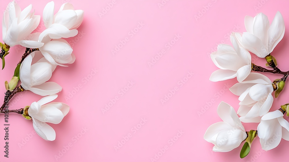 White Flowers on Pink Background Smooth Blue Background with Copy Space for Advertisements White Flowers on Pink Background Smooth Blue Background with Copy Space for Advertisements