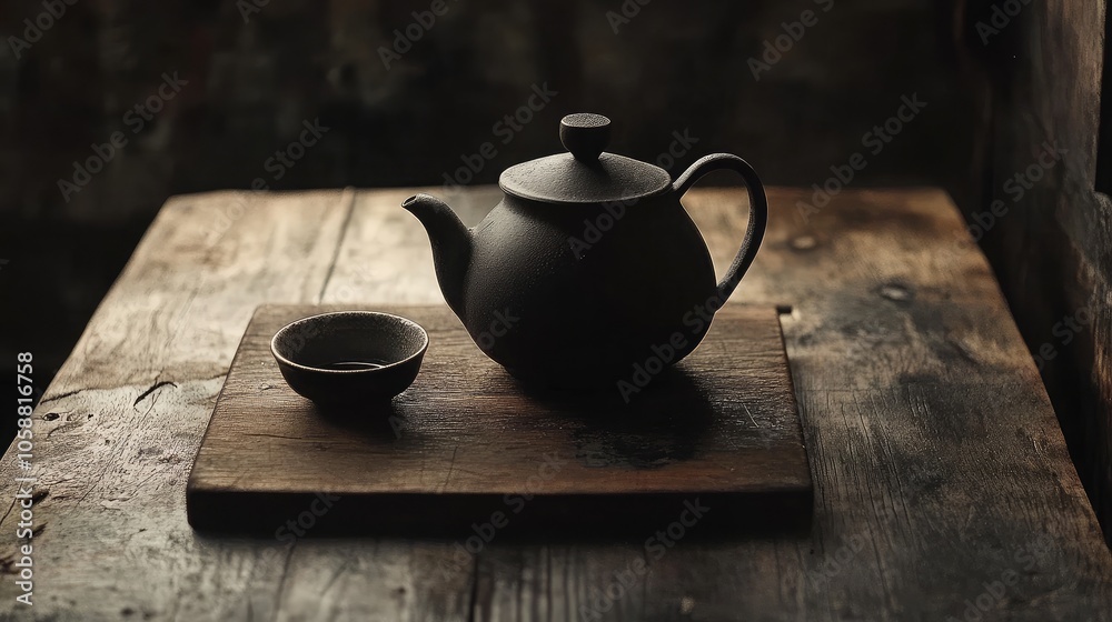 Rustic Teapot and Cup on Wooden Table Rustic Teapot and Cup on Wooden Table