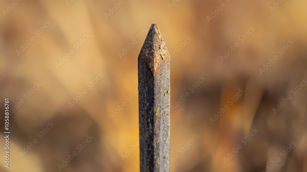 Fototapeta premium A macro photograph of the tent stake tip, focusing on the design and any wear, with the surrounding area softly blurred.