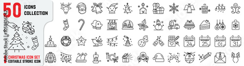 Christmas editable stroke icons set: Featuring  Santa, Elves, jungle bell, nativity, Christmas eve, tree, and gifts. Set of 50 Christmas thin line icons set. Vector illustrations.