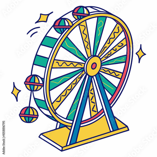 A colorful and whimsical illustration of a Ferris wheel, perfect for adding a touch of fun and excitement to your projects. This vibrant graphic is ideal for amusement park designs, carnival themes.
