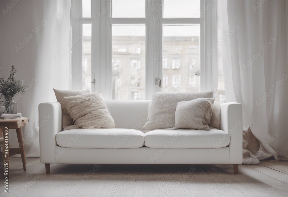 Cozy white sofa against window Scandinavian style home interior design of modern living room Cozy white sofa against window Scandinavian style home interior design of modern living room