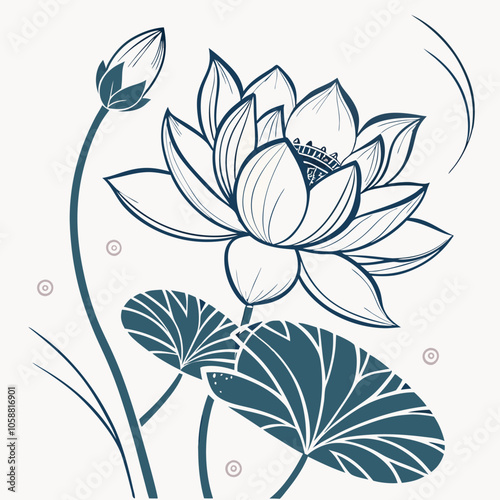 A delicate line art illustration of a lotus flower with leaves, perfect for adding a touch of serenity and beauty to your projects. This minimalist design is ideal for home decor, stationery.