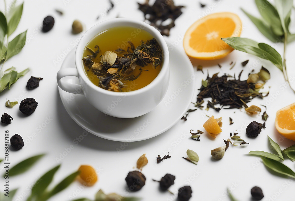 Creative layout made of cup of tea green tea black tea fruit and herbal tea on white background Flat Creative layout made of cup of tea green tea black tea fruit and herbal tea on white background Flat