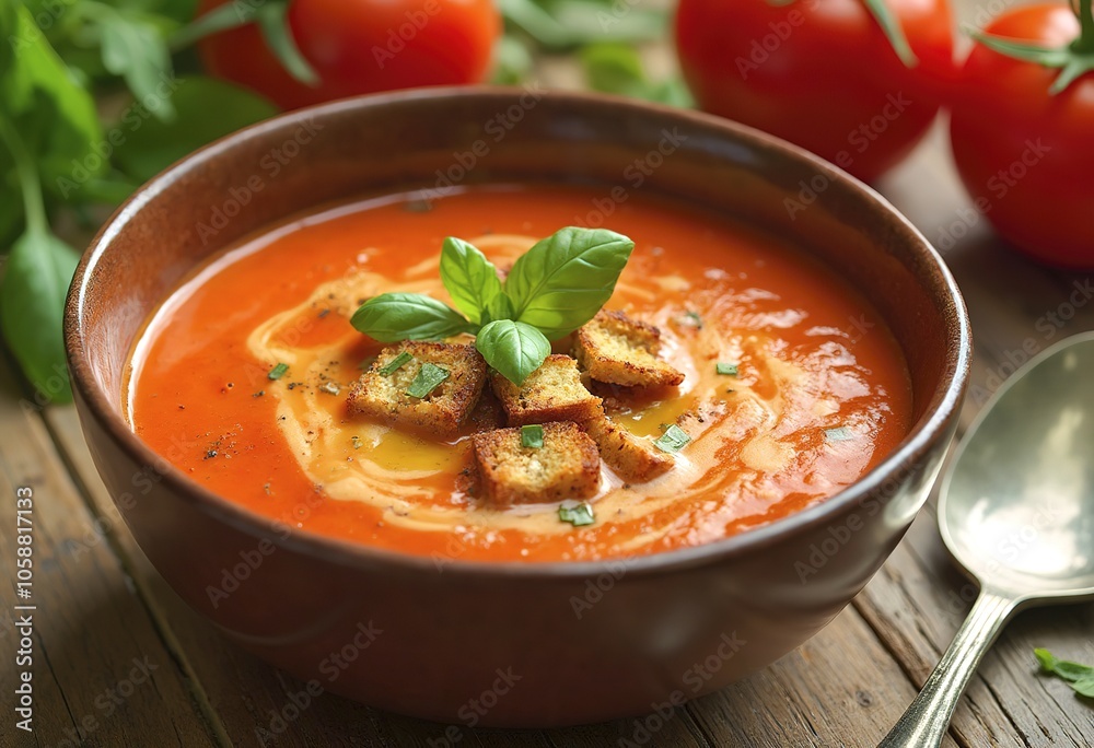 A bowl of creamy tomato soup garnished with fresh basil leaves, croutons, and olive oil on a wooden table A bowl of creamy tomato soup garnished with fresh basil leaves, croutons, and olive oil on a wooden table
