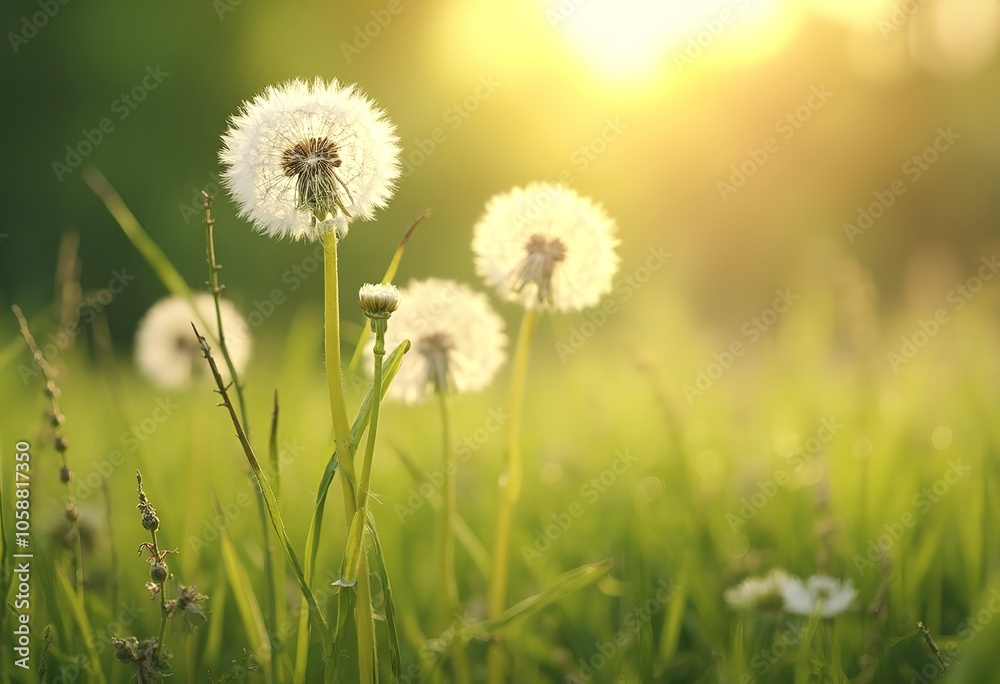 A field of white dandelion flowers against a blurred green background A field of white dandelion flowers against a blurred green background