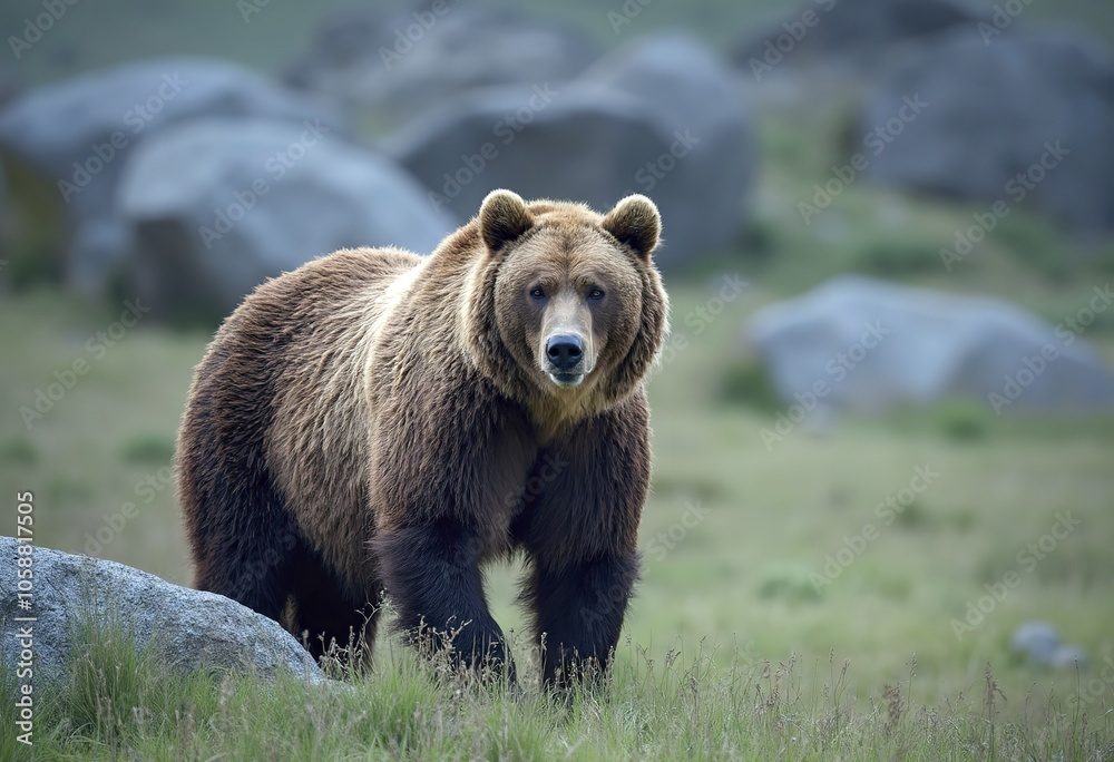 A large brown bear standing on a grassy field with rocks in the background A large brown bear standing on a grassy field with rocks in the background