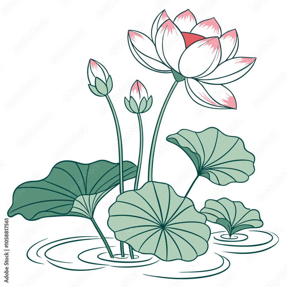 A delicate illustration of a blooming lotus flower, surrounded by its leaves and buds, offering a serene and peaceful ambiance. Ideal for designs seeking a touch of nature and tranquility. A delicate illustration of a blooming lotus flower, surrounded by its leaves and buds, offering a serene and peaceful ambiance. Ideal for designs seeking a touch of nature and tranquility.