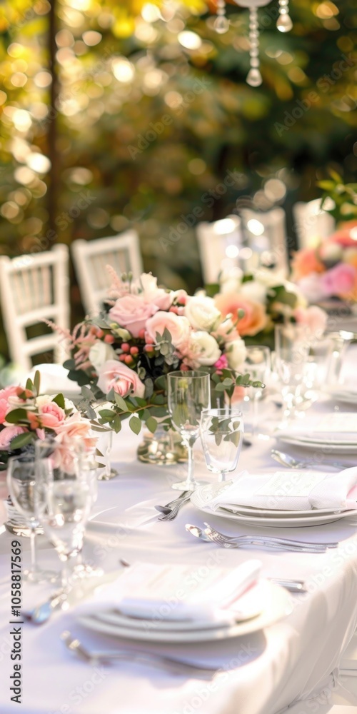 Fototapeta premium Outdoor Wedding Venue. Beautiful Garden Wedding Reception Table Set Up