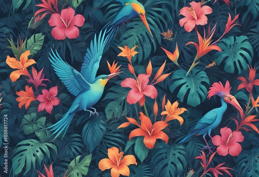 Tropical exotic pattern with animal and flowers in bright colors and lush vegetationn Tropical exotic pattern with animal and flowers in bright colors and lush vegetationn