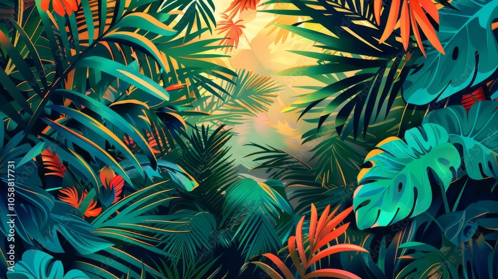 A vivid depiction of a dense jungle scene, with lush foliage in shades of green, blue, and orange. Sunlight gently filters through the canopy, creating dramatic contrasts. A vivid depiction of a dense jungle scene, with lush foliage in shades of green, blue, and orange. Sunlight gently filters through the canopy, creating dramatic contrasts.